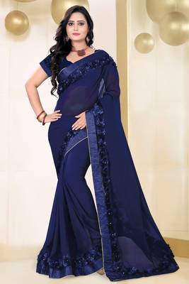 Navy Blue Woven Georgette Saree With Blouse 6