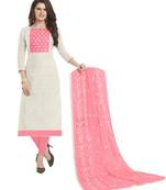 White & Baby Pink Cotton Jacquard Embroidered Dress Material With Mirror Work & Embroidered Dupatta