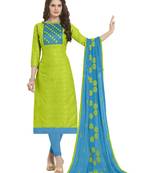 Parrot Green & Sky Blue Cotton Jacquard Embroidered Dress Material With Mirror Work  & Embroidered Dupatta