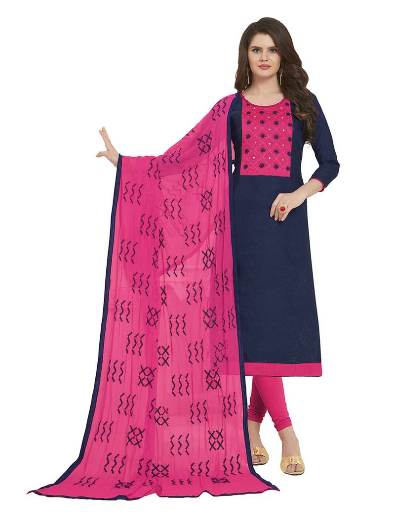 Navy Blue & Pink Cotton Jacquard Embroidered Dress Material With Mirror