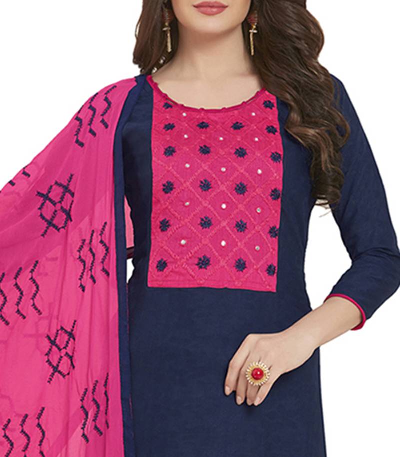 Navy Blue & Pink Cotton Jacquard Embroidered Dress Material With Mirror