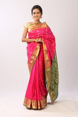 Pink hand woven silk blend saree with blouse 1