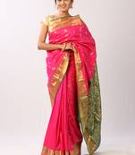 Pink hand woven silk blend saree with blouse