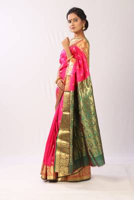 Pink hand woven silk blend saree with blouse 2
