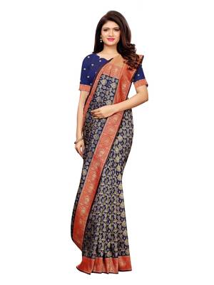 Navy Blue Woven Poly Silk Saree With Blouse 1