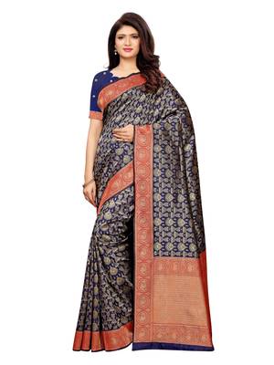 Navy Blue Woven Poly Silk Saree With Blouse 2