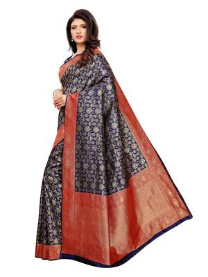Navy Blue Woven Poly Silk Saree With Blouse 3