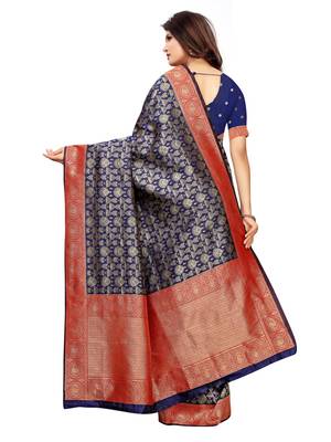 Navy Blue Woven Poly Silk Saree With Blouse 4