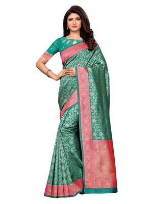 Turquoise Woven Poly Silk Saree With Blouse 2