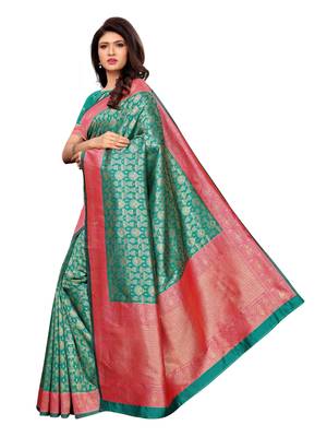 Turquoise Woven Poly Silk Saree With Blouse 3