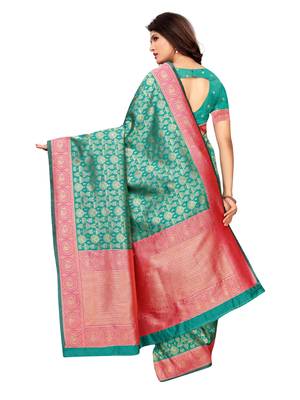 Turquoise Woven Poly Silk Saree With Blouse 4
