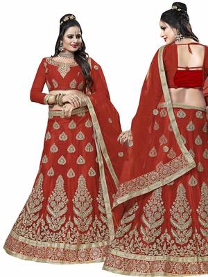 Red Embroidered Net Semi Stitched Lehenga 1