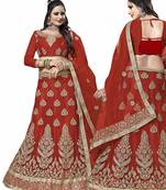 Red Embroidered Net Semi Stitched Lehenga
