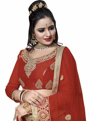 Red Embroidered Net Semi Stitched Lehenga 2