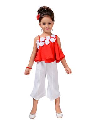 Red Printed Pure Georgette Kids Top & Bottom Set'S 1