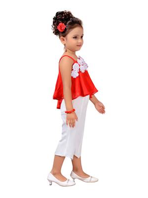 Red Printed Pure Georgette Kids Top & Bottom Set'S 3