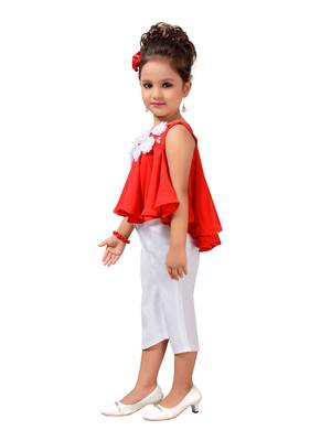Red Printed Pure Georgette Kids Top & Bottom Set'S 4