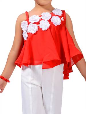Red Printed Pure Georgette Kids Top & Bottom Set'S 5