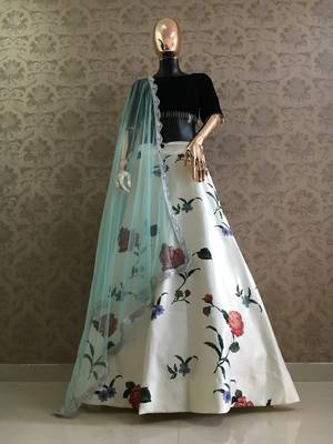 White Printed Satin Semi Stitched Lehenga 1