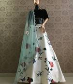 White Printed Satin Semi Stitched Lehenga