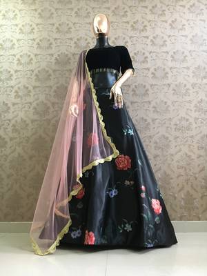 Black Printed Satin Semi Stitched Lehenga 1