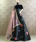 Black Printed Satin Semi Stitched Lehenga