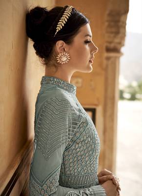 Sky-Blue Resham Embroidery Net Salwar 2