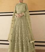 Olive Resham Embroidery Net Salwar