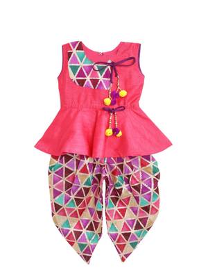 Pink Printed Art Silk Peplum Top With Dhoti For Girls 1