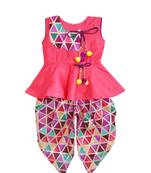 Pink Printed Art Silk Peplum Top With Dhoti For Girls