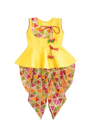Yellow Printed Art Silk Peplum Top With Dhoti For Girls 1