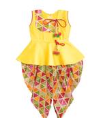 Yellow Printed Art Silk Peplum Top With Dhoti For Girls