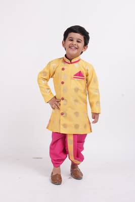 Yellow Woven Brocade Boys Dhoti Kurta 1