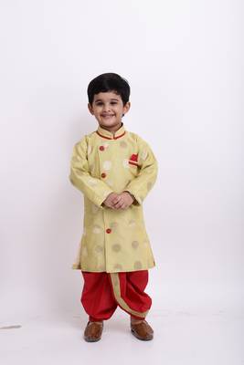 Green Woven Brocade Boys Dhoti Kurta 1