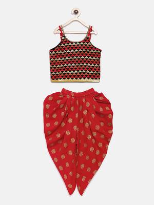 Red printed polyester top with dhoti for girls 1