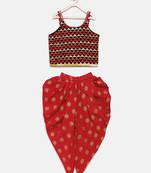 Red printed polyester top with dhoti for girls