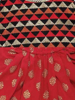 Red printed polyester top with dhoti for girls 4