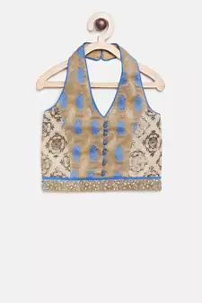 Blue printed brocade kids-tops