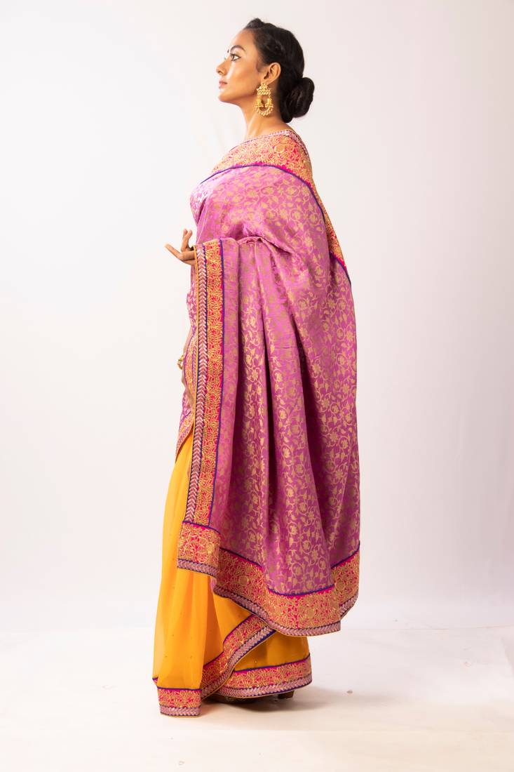 Chiffon Plain Yellow Saree With Contrast Blouse Yellow plain chiffon saree with blouse - Classiques - 2934691