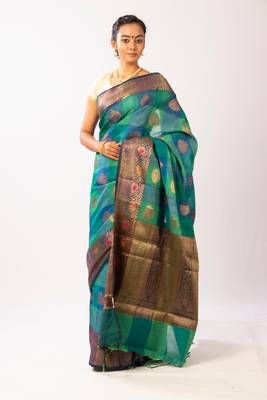 Blue woven Banarasi Cotton Silk saree with Blouse 1