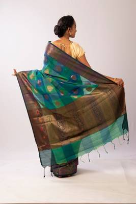 Blue woven Banarasi Cotton Silk saree with Blouse 3