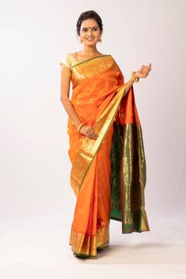 Orange Hand Woven Silk Blend Saree With Blouse 1
