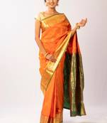 Orange Hand Woven Silk Blend Saree With Blouse