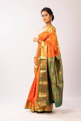 Orange Hand Woven Silk Blend Saree With Blouse 2
