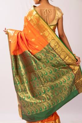 Orange Hand Woven Silk Blend Saree With Blouse 3