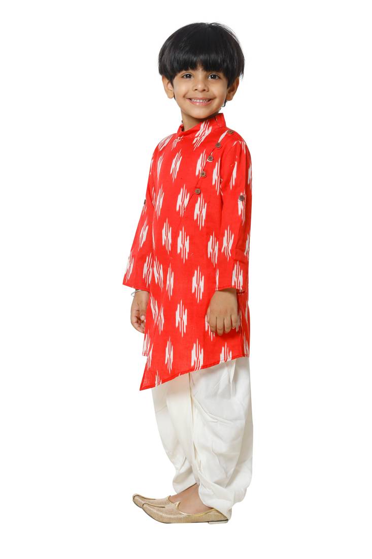 Red Ikat Print Kurta with Dhoti Set for boys