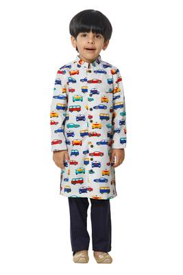 Car Printed White Cotton Kurta Pyjama Set 1