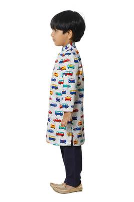 Car Printed White Cotton Kurta Pyjama Set 2