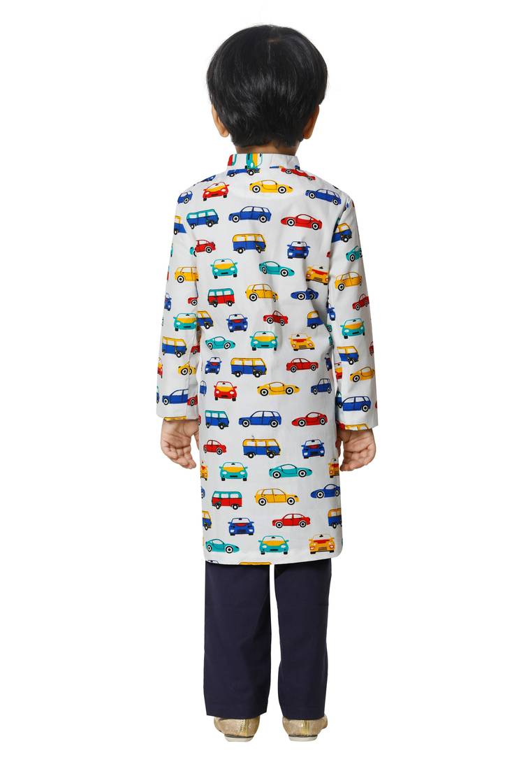 Car Printed White Cotton Kurta Pyjama Set