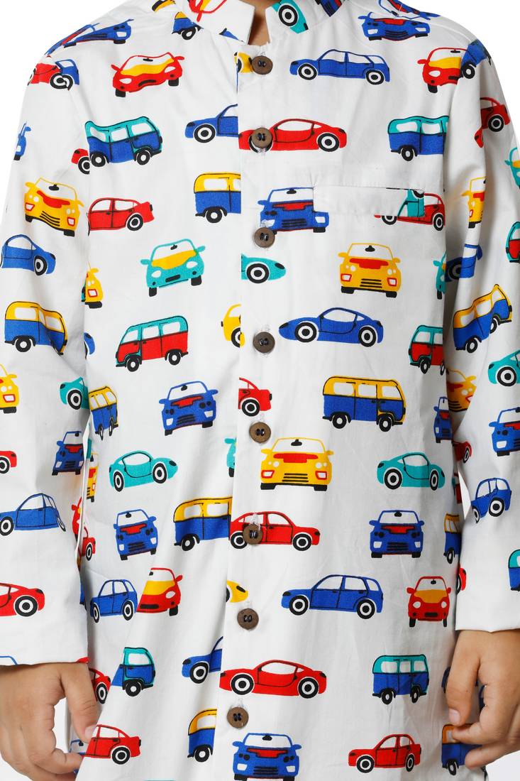 Car Printed White Cotton Kurta Pyjama Set